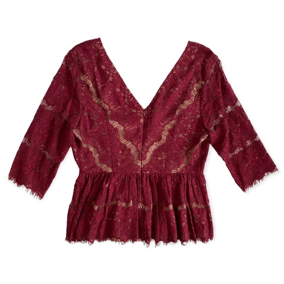Anthropologie Maeve Needle Lace Merlot Blouse - 3/4 sleeve - Peplum - V Neck - Picture 4 of 9